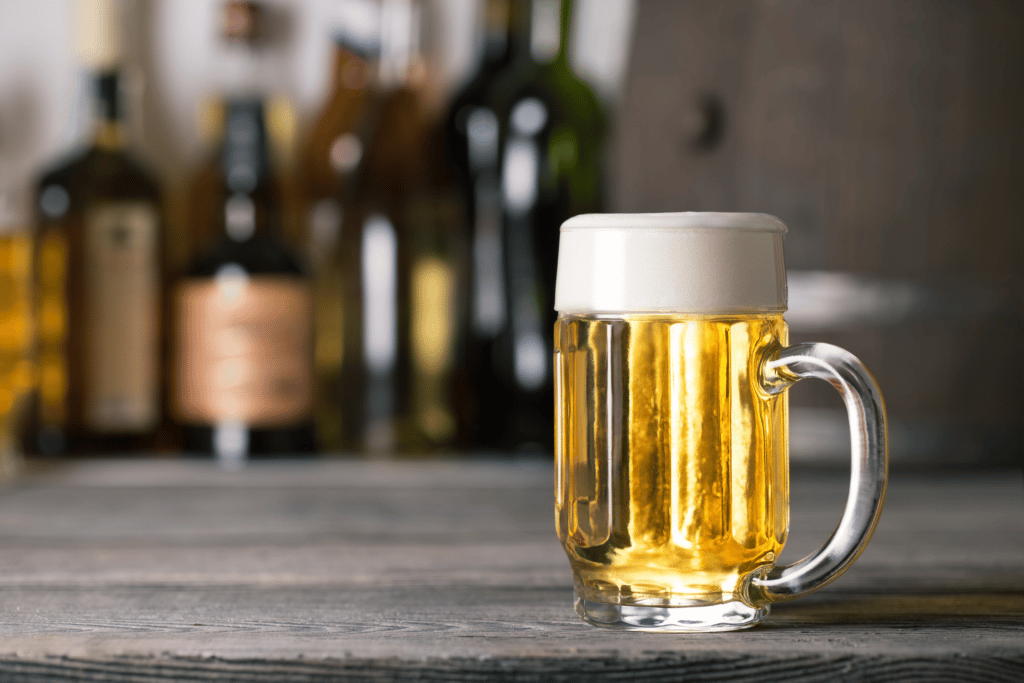 A Blonde Ale beer sitting on a bar table