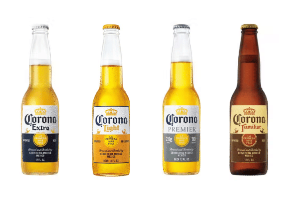 Line up of Corona Extra, Corona Light, Corona Premier, and Corona Familiar 12-ounce bottles