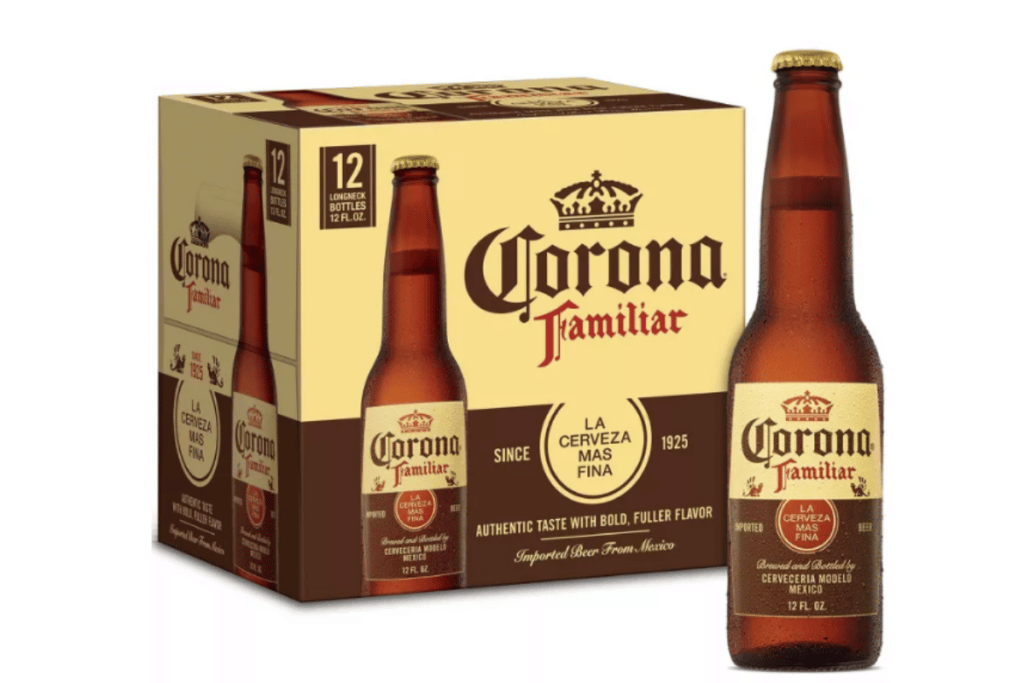 12-pack of Corona Familiar 12-oz bottles with one bottle in front