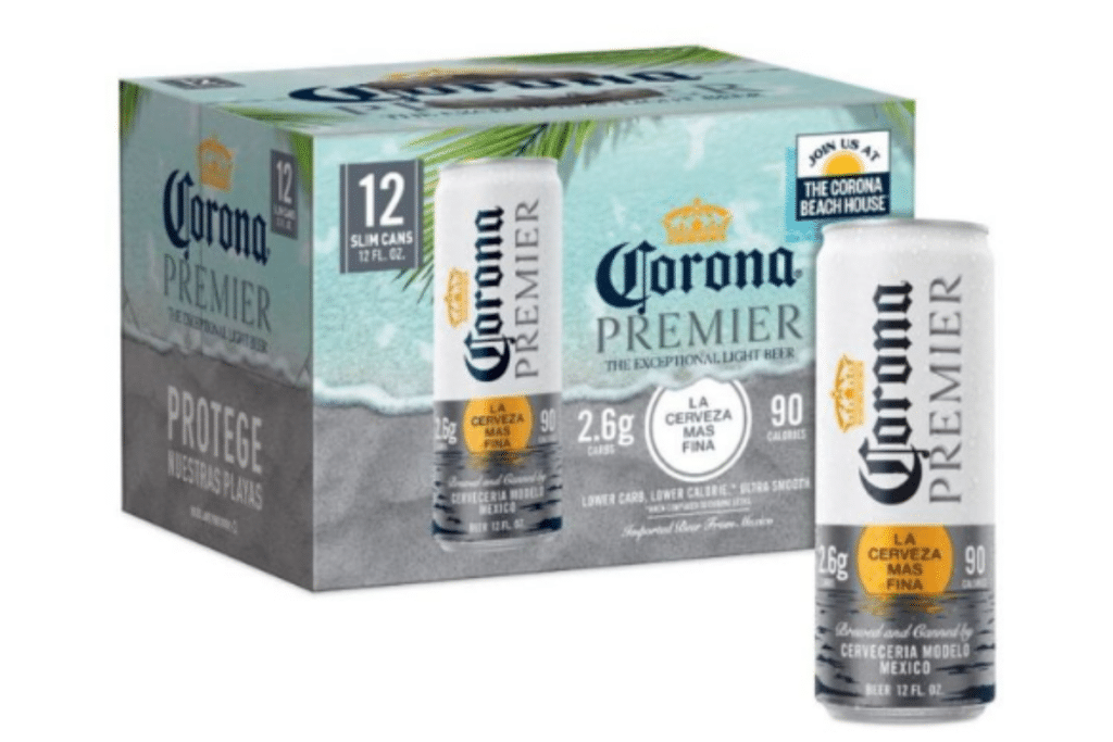 12-pack of Corona Premier 12-oz slim cans along with a single can to the side