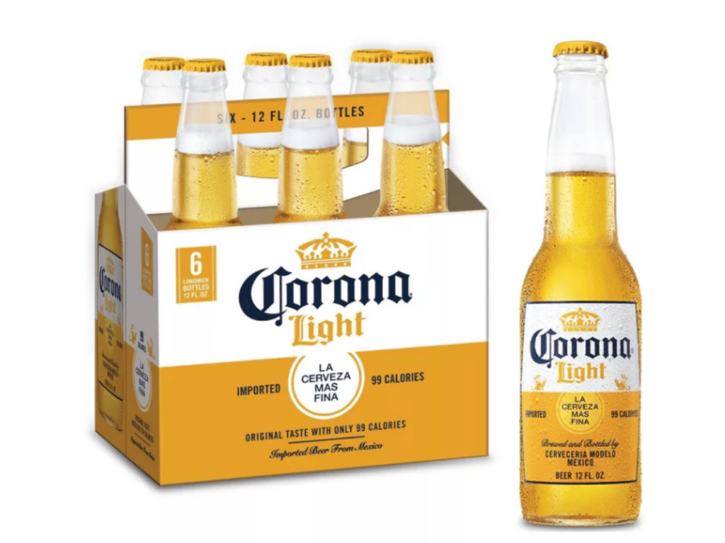 6-pack of Corona Light with single bottle to the side