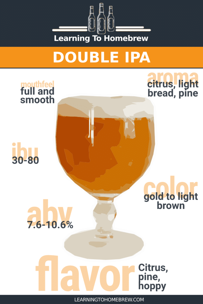 Key characteristics of a Double IPA -  infographic with ABV, aroma, mouthfeel, IBU, color, and flavor