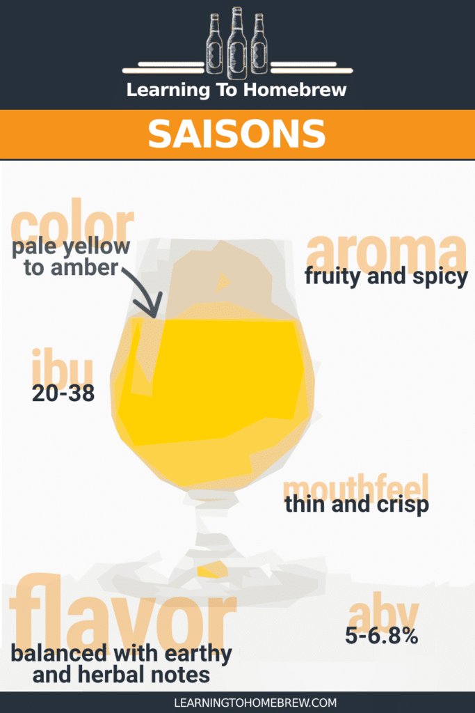 Key Characteristics of a Saison - infographic with ABV, aroma, mouthfeel, IBU, color, and flavor