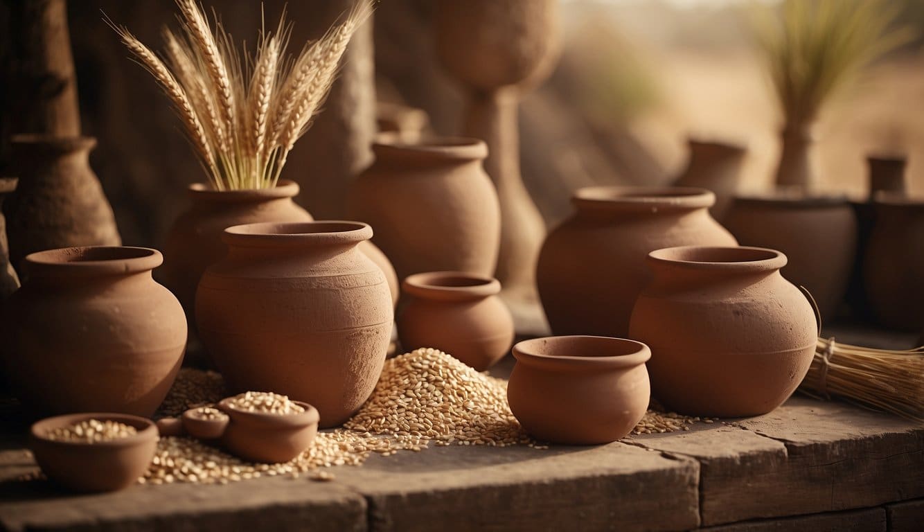 Ancient Mesopotamian scene with clay pots, barley, and water. A brewing process is underway with a warm, inviting atmosphere