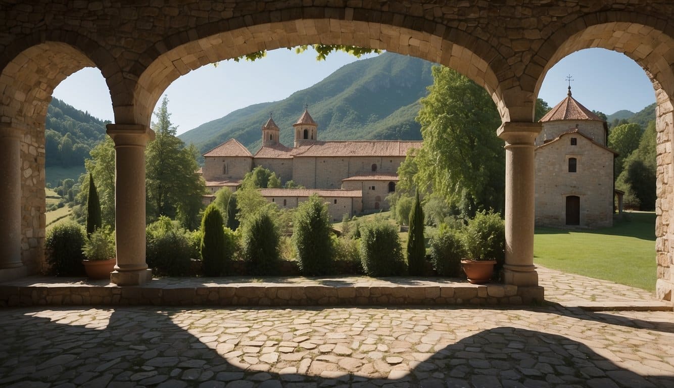 A monastery brewery in a tranquil setting, with ancient stone buildings and a lush green landscape