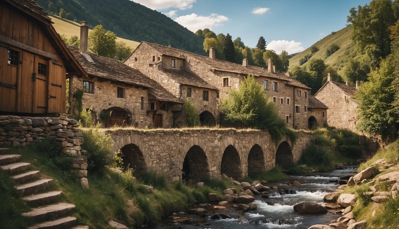 The ancient brewery stands in a rustic village, surrounded by rolling hills and a clear stream. Its stone walls and wooden doors exude centuries of history