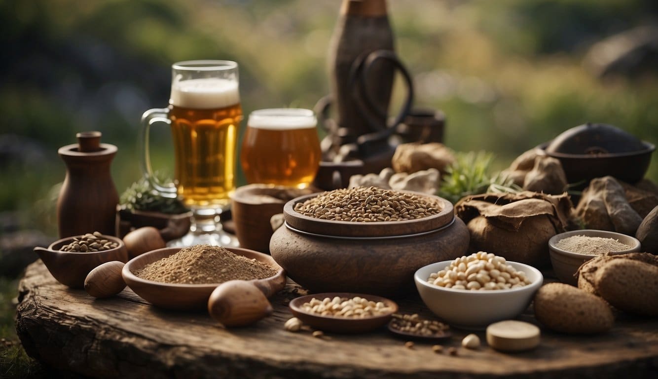 A prehistoric landscape with primitive brewing tools and ingredients, surrounded by a gathering of early humans, illustrating the origins of beer