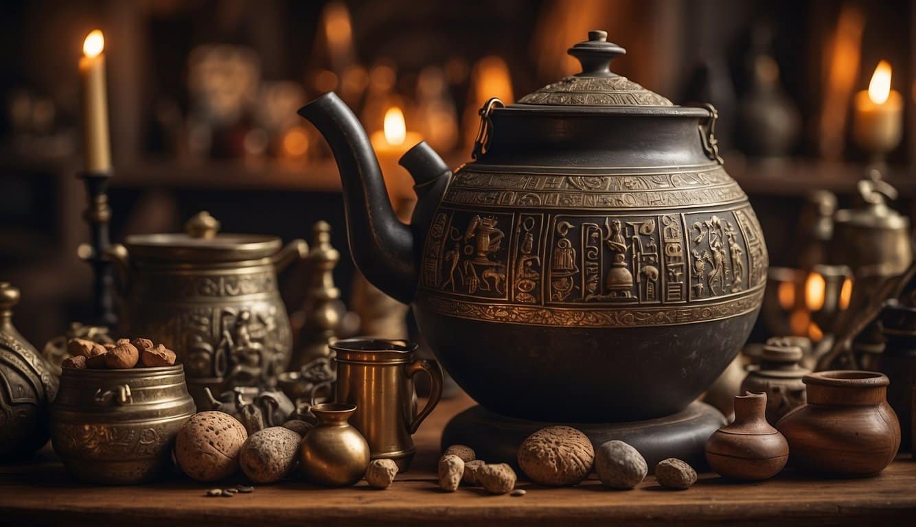 A brewing pot surrounded by ancient artifacts and symbols, representing the cultural and religious significance of the world's oldest beer recipe