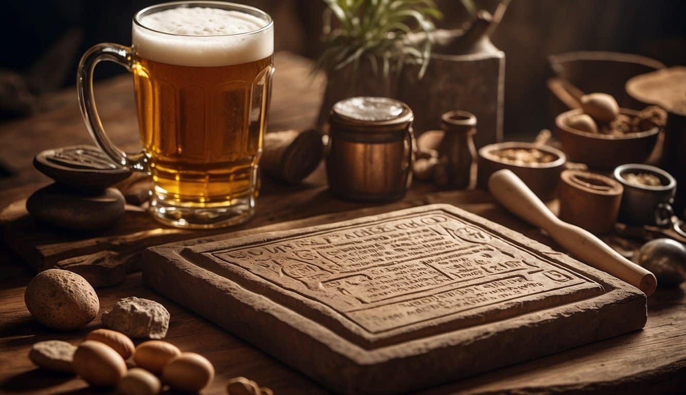 An ancient clay tablet inscribed with a recipe for beer, surrounded by archaeological tools and artifacts
