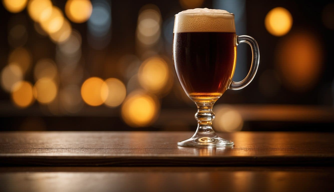 A tall glass of Belgian Dark Tripel beer sits on a wooden table, with a thick creamy head and deep amber color. The glass is surrounded by subtle lighting, casting a warm glow on the beer