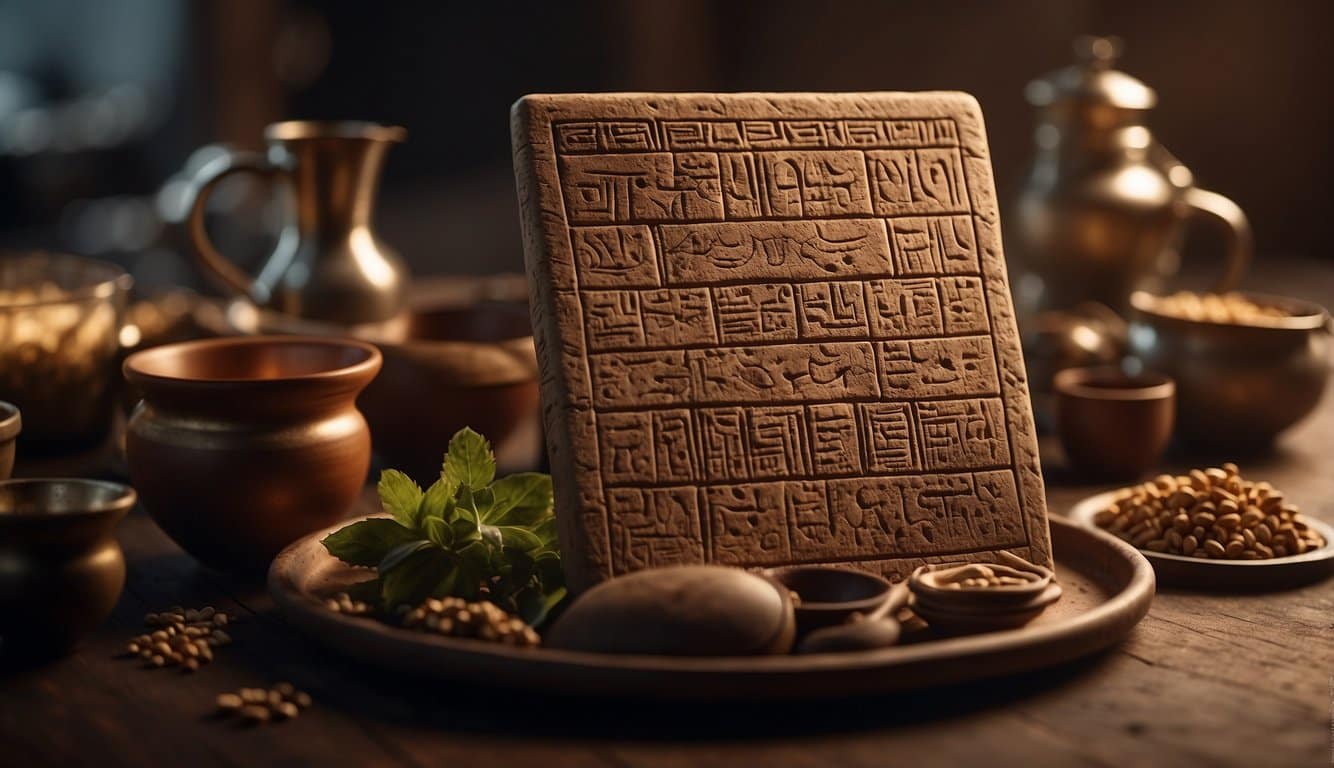 An ancient clay tablet with cuneiform writing, surrounded by brewing equipment and ingredients