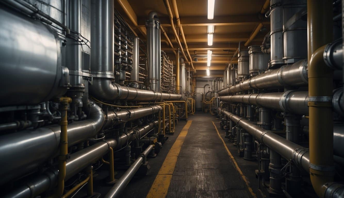 A network of pipes runs underground, transporting beer in Belgium. The pipes are labeled with technical markers and surrounded by industrial equipment