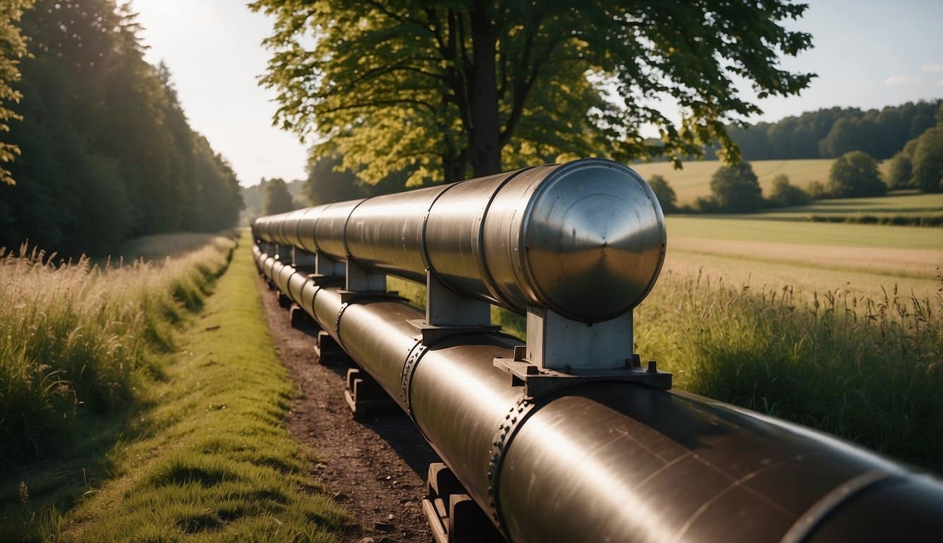 A large, metal pipeline snakes through a picturesque Belgian landscape, transporting beer from a brewery to a nearby bottling facility
