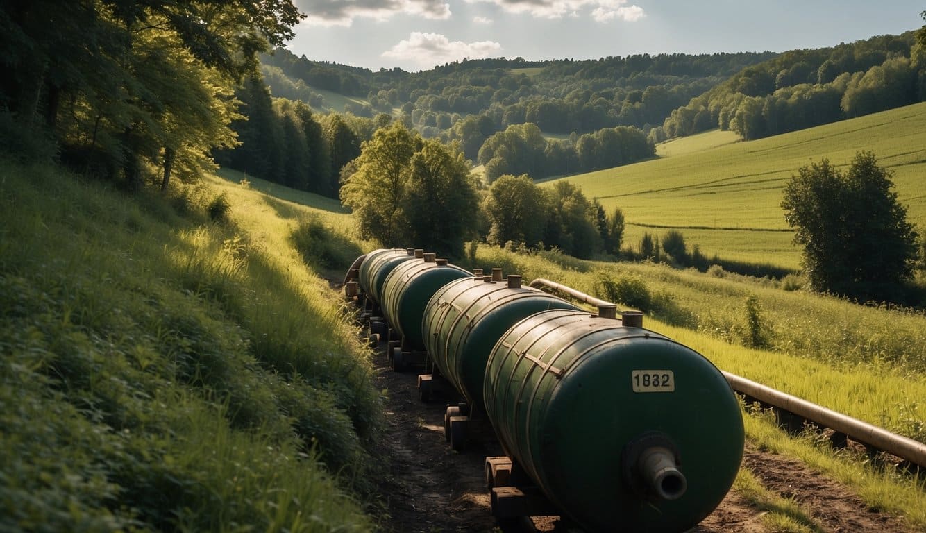 A pipeline runs through a picturesque Belgian countryside, carrying beer barrels. The landscape is lush and green, with a sense of harmony between industry and nature