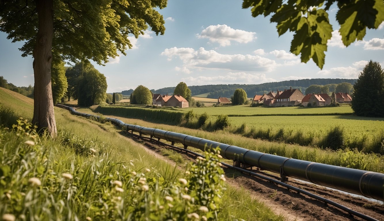 A pipeline runs through a picturesque Belgian landscape, carrying beer. The pipeline is surrounded by green fields and quaint buildings, under a clear blue sky
